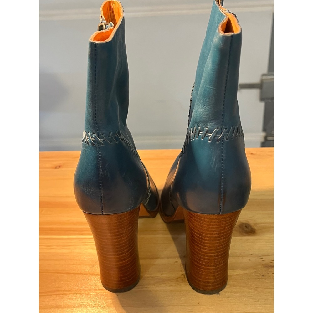 Kork-Ease Teal Blue Leather Whipstitch Block Heel Ankle‎ Boots K03204 Size 7/38 - Picture 6 of 9